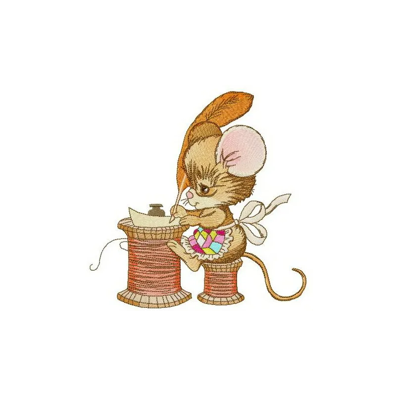 Embroidery design featuring a cute mouse writing a letter, ideal for various crafting projects.