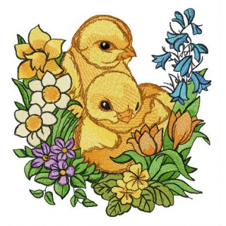 Chickens and garden flowers embroidery design - Embroidery Design