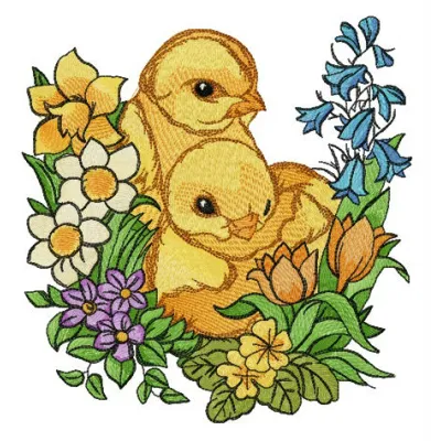 Chickens and garden flowers embroidery design showcasing vibrant stitched motifs for creative projects.