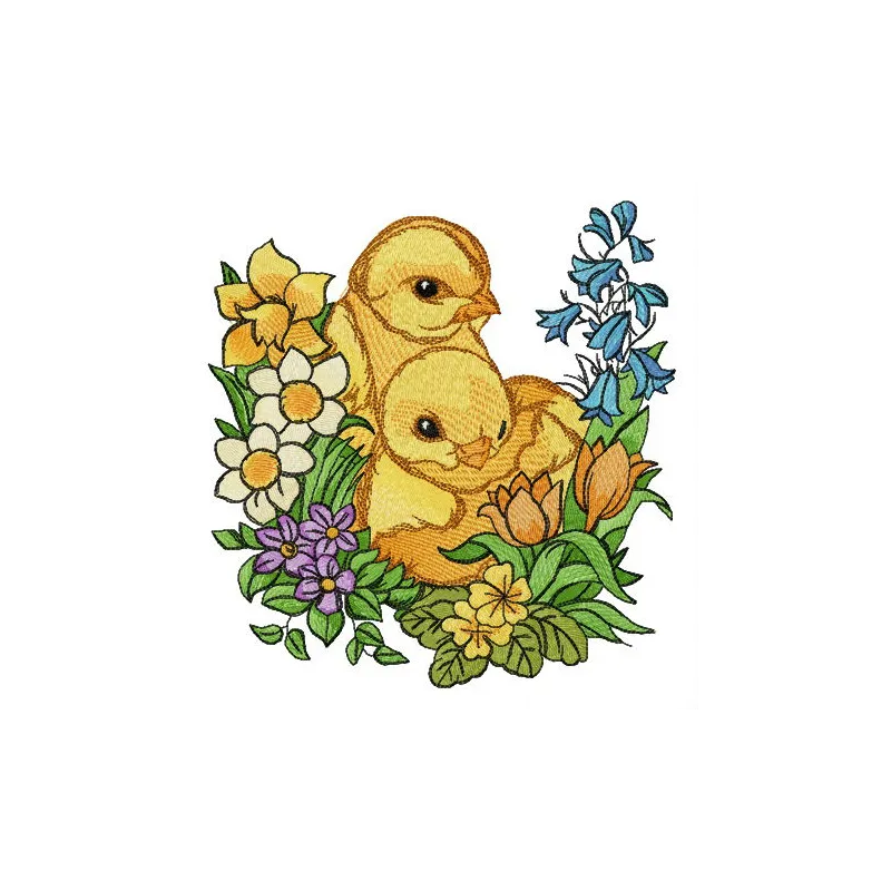 Chickens and garden flowers embroidery design showcasing vibrant stitched motifs for creative projects.