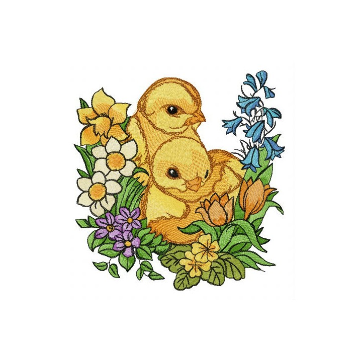 Chickens and garden flowers embroidery design - Embroidery Design