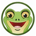 Smiling frog in frame embroidery design featuring a cheerful frog motif, ideal for playful stitching projects.
