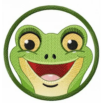 Smiling frog in frame embroidery design featuring a cheerful frog motif, ideal for playful stitching projects.