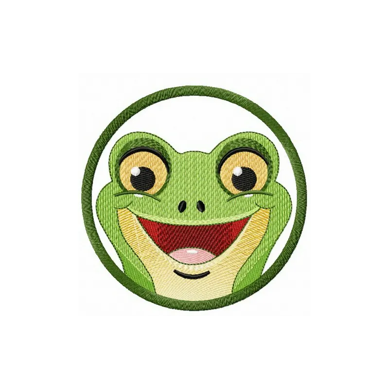 Smiling frog in frame embroidery design featuring a cheerful frog motif, ideal for playful stitching projects.