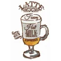 Cup of latte embroidery design showcasing a warm coffee motif, perfect for stitching on kitchen towels or tote bags.