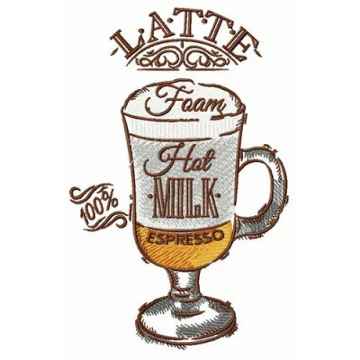 Cup of latte embroidery design showcasing a warm coffee motif, perfect for stitching on kitchen towels or tote bags.