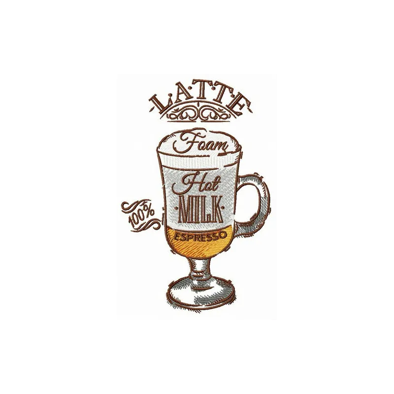 Cup of latte embroidery design showcasing a warm coffee motif, perfect for stitching on kitchen towels or tote bags.