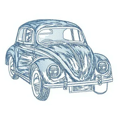 Volkswagen Bug sketch embroidery design preview showcasing a detailed stitched motif for car enthusiasts.