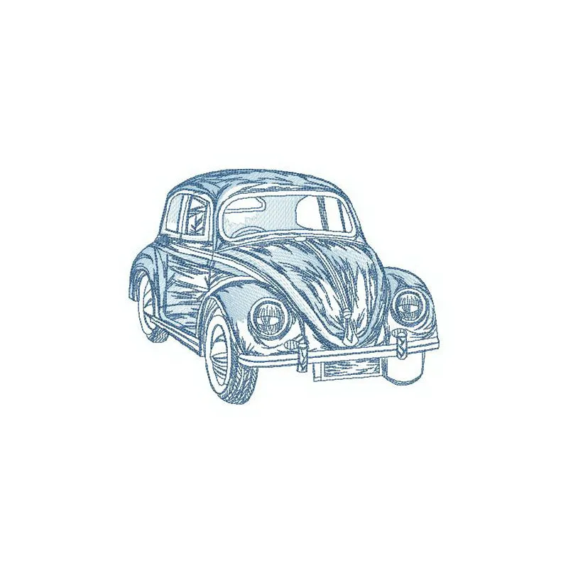 Volkswagen Bug sketch embroidery design preview showcasing a detailed stitched motif for car enthusiasts.