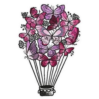 Butterfly hot air balloon embroidery design showcasing a whimsical stitched motif for creative projects.