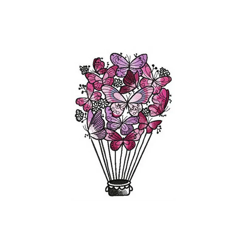 Butterfly hot air balloon embroidery design showcasing a whimsical stitched motif for creative projects.