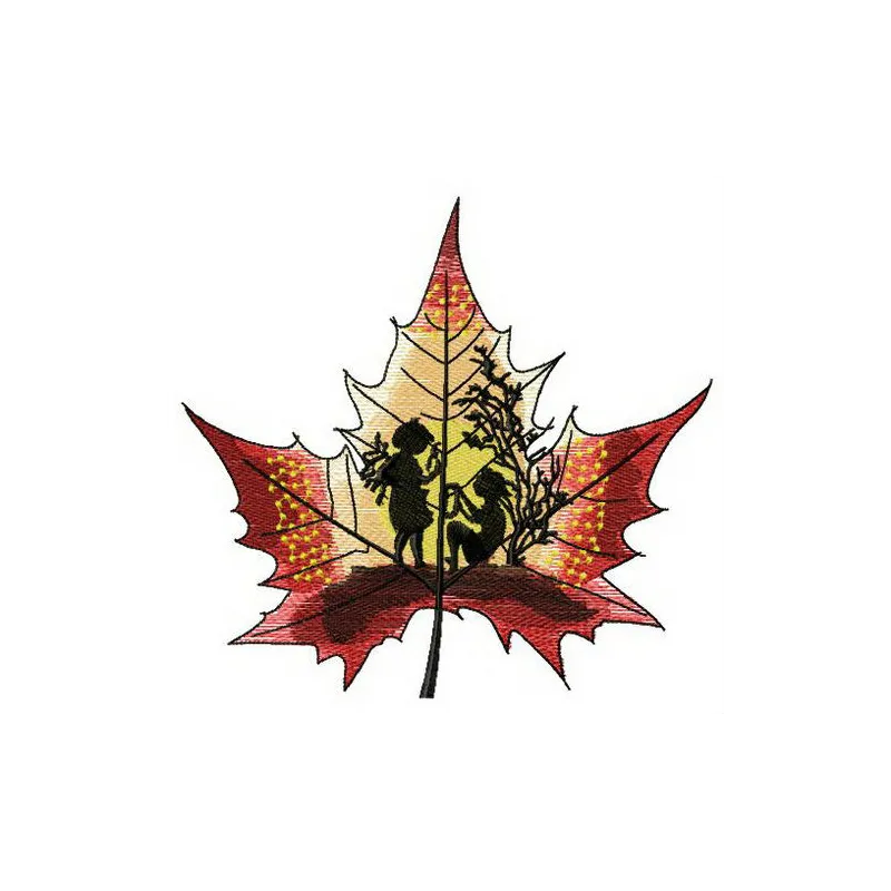 Maple stories embroidery design showcasing autumn leaves, ideal for stitching on t-shirts, tote bags, and more.