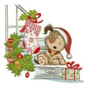Puppy and Christmas Eve embroidery design featuring a cute dog surrounded by festive elements for holiday projects.
