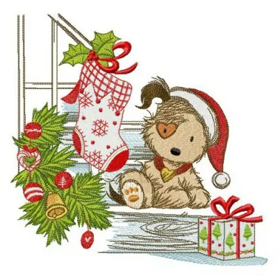 Puppy and Christmas Eve embroidery design featuring a cute dog surrounded by festive elements for holiday projects.