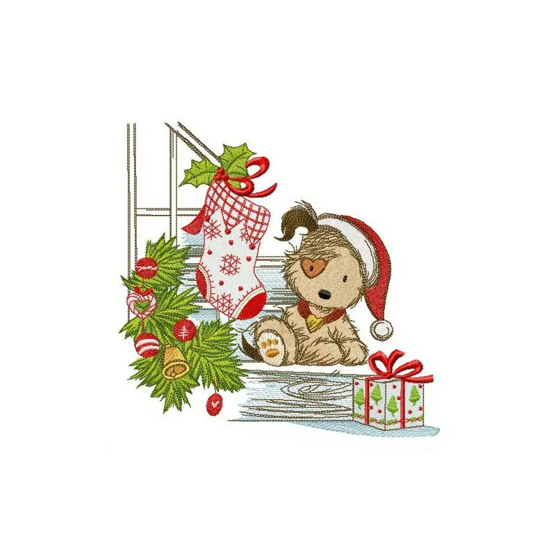 Puppy and Christmas Eve embroidery design featuring a cute dog surrounded by festive elements for holiday projects.