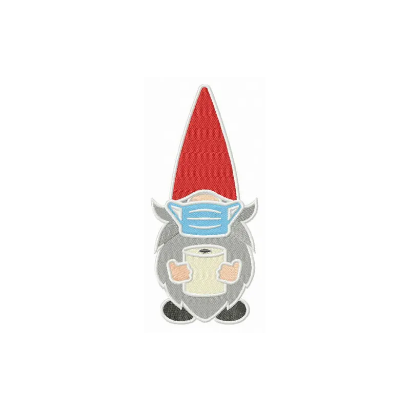 Gnome with face mask embroidery design featuring a whimsical gnome character, perfect for creative stitching projects.