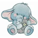 Even elephants love teddy bears embroidery design showcasing a cute elephant holding a teddy bear.