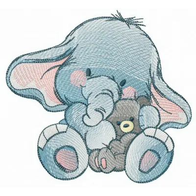 Even elephants love teddy bears embroidery design showcasing a cute elephant holding a teddy bear.