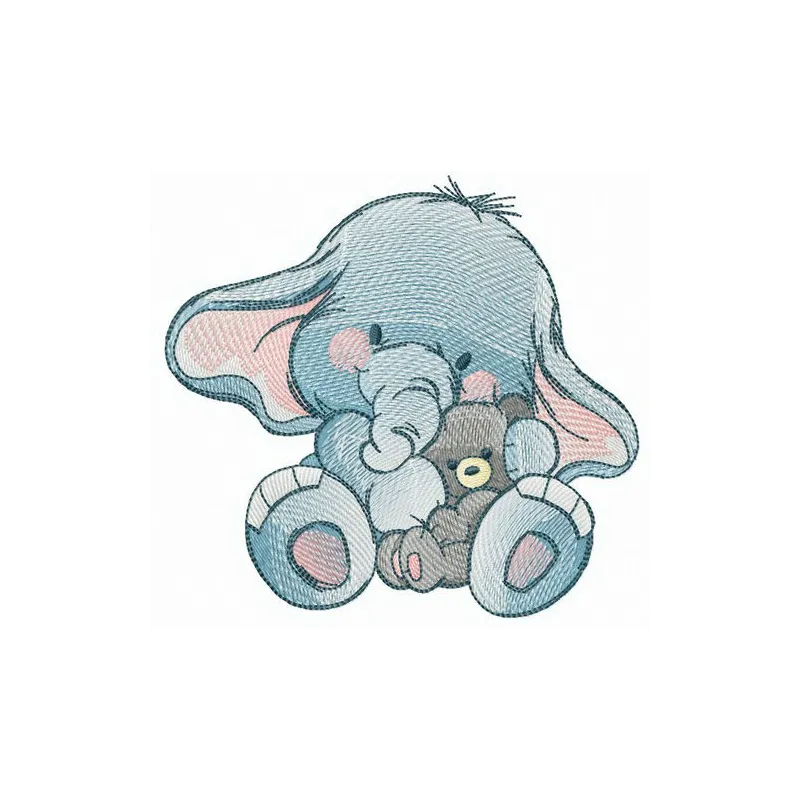 Even elephants love teddy bears embroidery design showcasing a cute elephant holding a teddy bear.