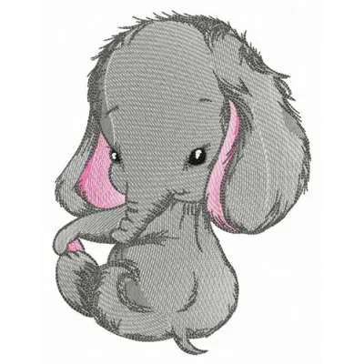Shy elephant embroidery design featuring a cute elephant motif for stitching on various fabric items.