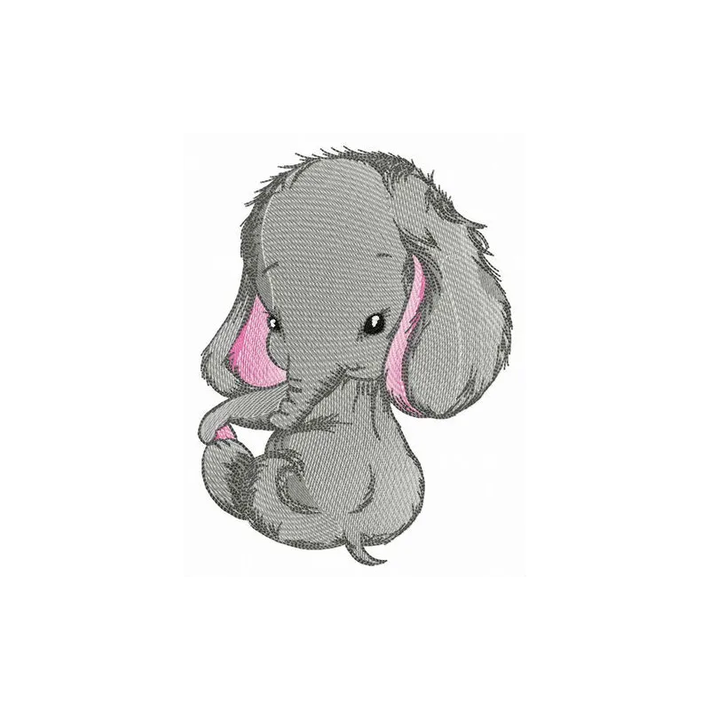 Shy elephant embroidery design featuring a cute elephant motif for stitching on various fabric items.