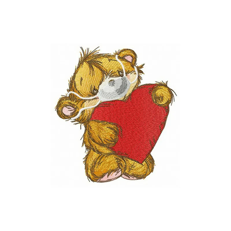 Embroidery design of a teddy bear wearing a medical mask, perfect for creative stitching projects.