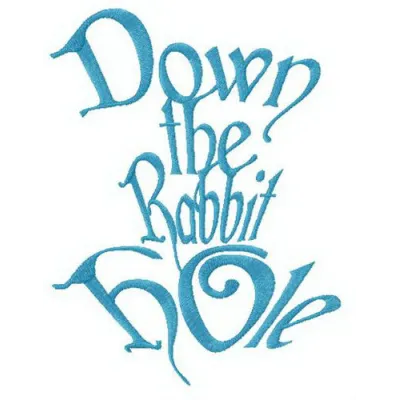 Down the rabbit hole embroidery design featuring whimsical motifs inspired by Alice in Wonderland.