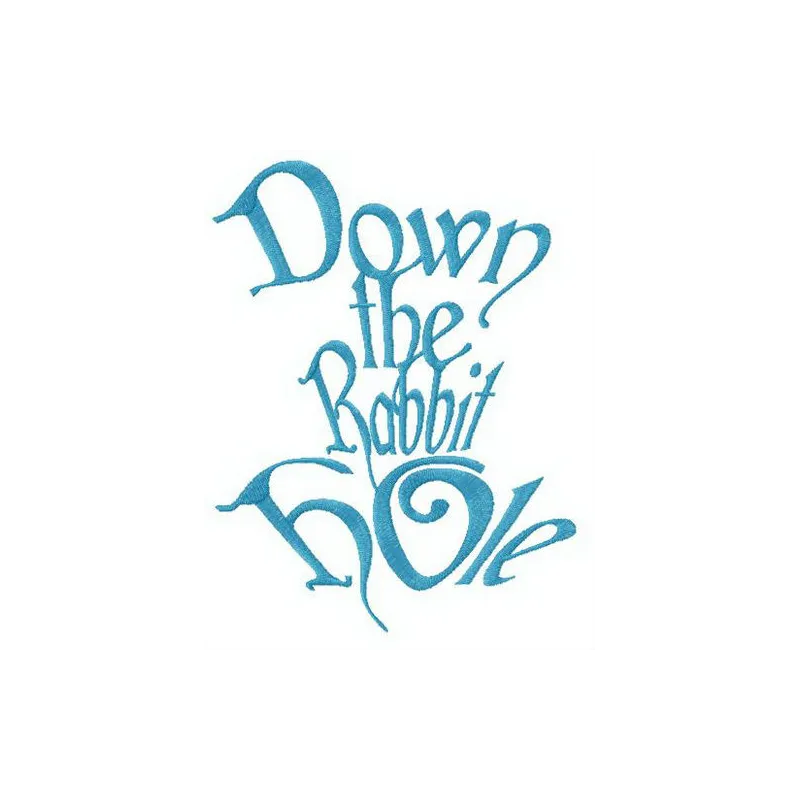 Down the rabbit hole embroidery design featuring whimsical motifs inspired by Alice in Wonderland.