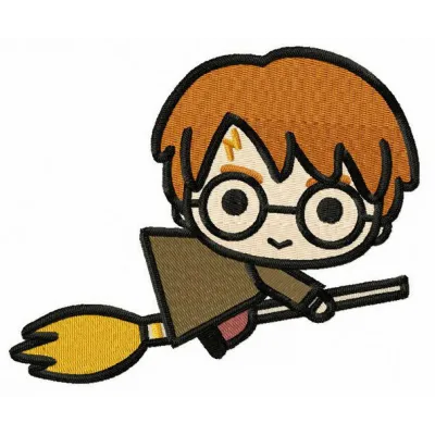 Embroidery design featuring Harry flying on a broomstick, perfect for fans of magical stitching projects.