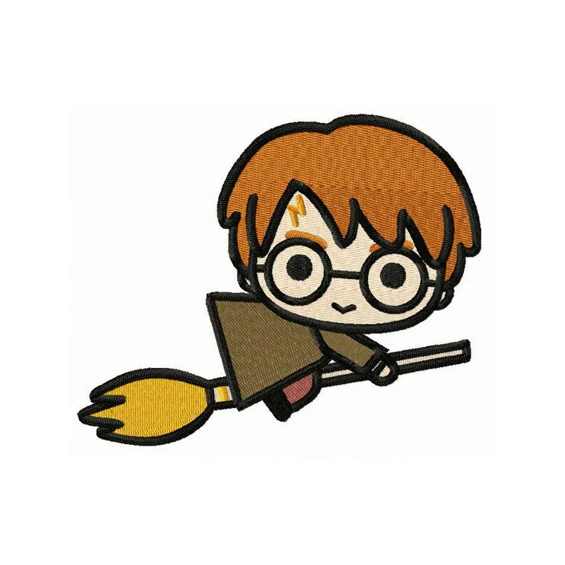 Embroidery design featuring Harry flying on a broomstick, perfect for fans of magical stitching projects.