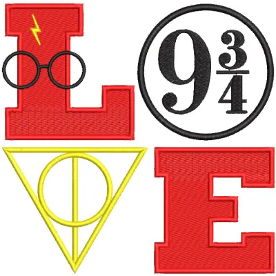 Preview of Love Harry Potter embroidery design featuring iconic elements from the beloved series.