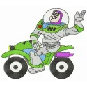 Motorcyclist Buzz embroidery design featuring a playful character from Toy Story, ideal for creative stitching projects.