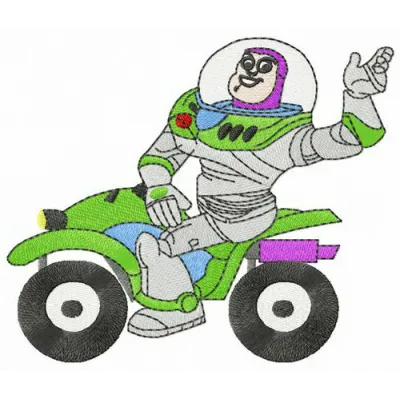 Motorcyclist Buzz embroidery design featuring a playful character from Toy Story, ideal for creative stitching projects.