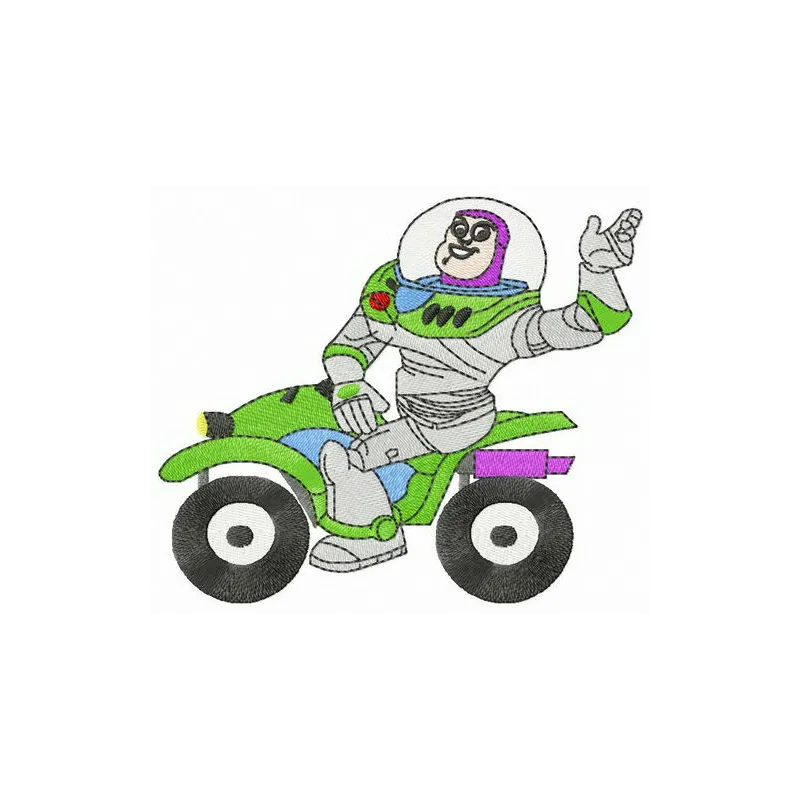 Motorcyclist Buzz embroidery design featuring a playful character from Toy Story, ideal for creative stitching projects.