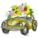 Embroidery design featuring a cheerful yellow car adorned with vibrant sunflowers, perfect for crafting.