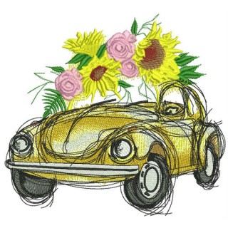Yellow car with sunflowers embroidery design - Embroidery Design