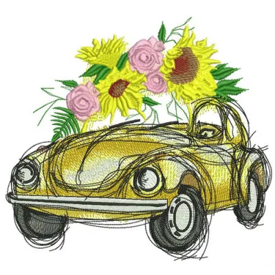 Embroidery design featuring a cheerful yellow car adorned with vibrant sunflowers, perfect for crafting.