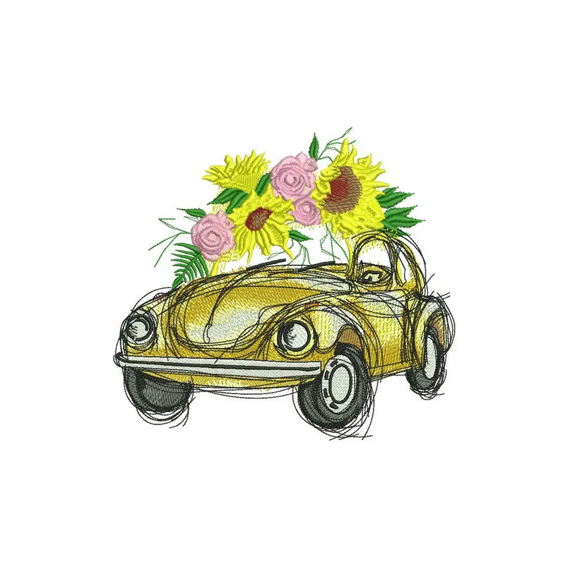Embroidery design featuring a cheerful yellow car adorned with vibrant sunflowers, perfect for crafting.