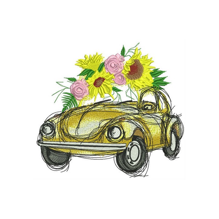 Yellow car with sunflowers embroidery design - Embroidery Design