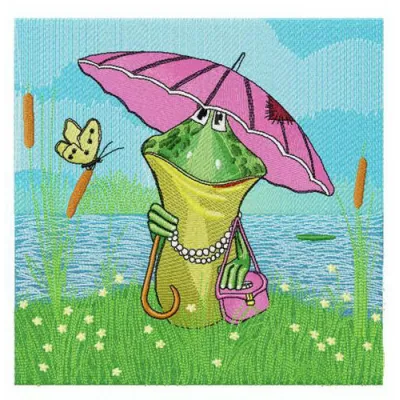 Mrs Frog embroidery design showcasing a charming frog motif, perfect for adding whimsy to various fabrics.