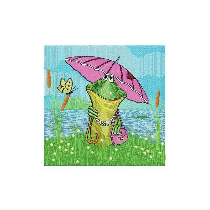 Mrs Frog embroidery design showcasing a charming frog motif, perfect for adding whimsy to various fabrics.