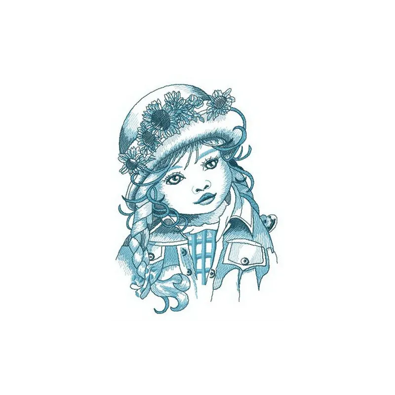 Charming embroidery design featuring an adorable little girl, perfect for decorating children's apparel and accessories.