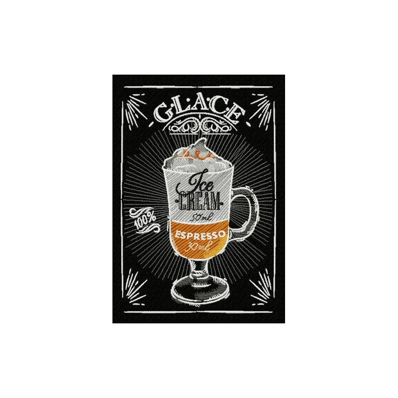 Glace recipe embroidery design showcasing detailed stitching patterns for coffee lovers.
