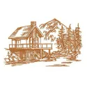 River house sketch embroidery design showcasing a serene lakeside scene, perfect for scenic travel projects.