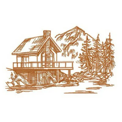 River house sketch embroidery design showcasing a serene lakeside scene, perfect for scenic travel projects.