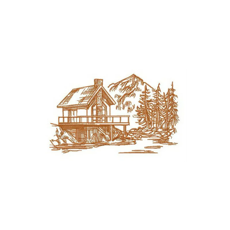 River house sketch embroidery design showcasing a serene lakeside scene, perfect for scenic travel projects.