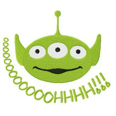 Little Green Man oooohhh embroidery design featuring a playful alien motif inspired by Toy Story.