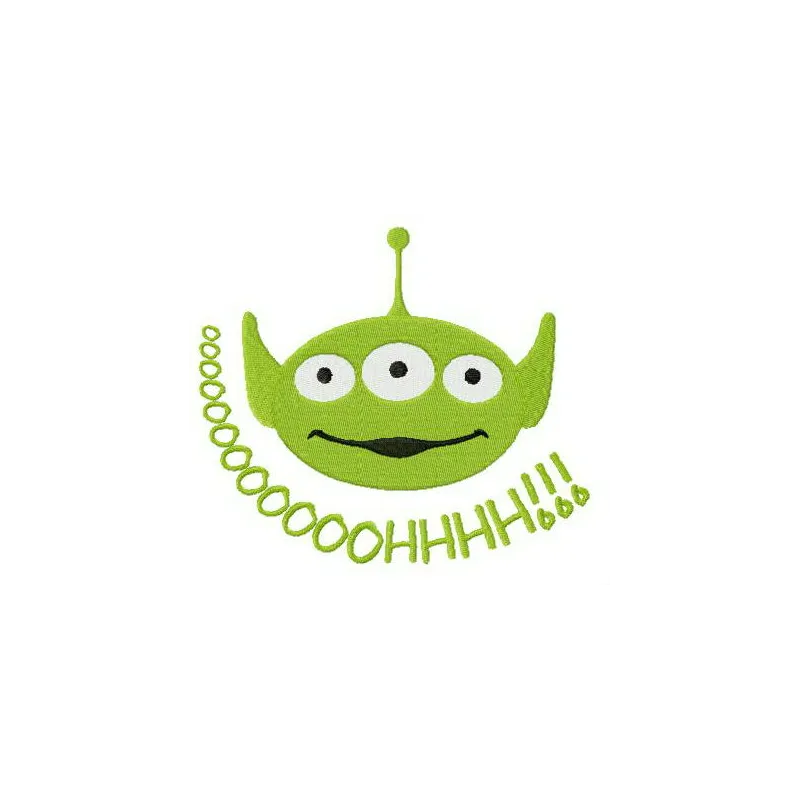 Little Green Man oooohhh embroidery design featuring a playful alien motif inspired by Toy Story.
