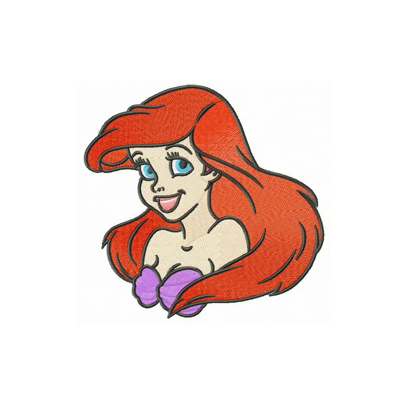 Young Ariel embroidery design showcasing a whimsical Little Mermaid motif for stitching on kids' clothing.