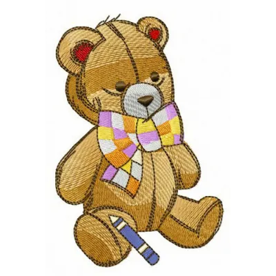 Teddy bear and crayon embroidery design featuring a cute bear holding a crayon, perfect for children's items.
